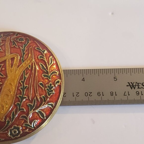 Vintage Enamel Jewelry Trinket Box Round Brass Top Cloisonne Deer Design - Picture 10 of 10